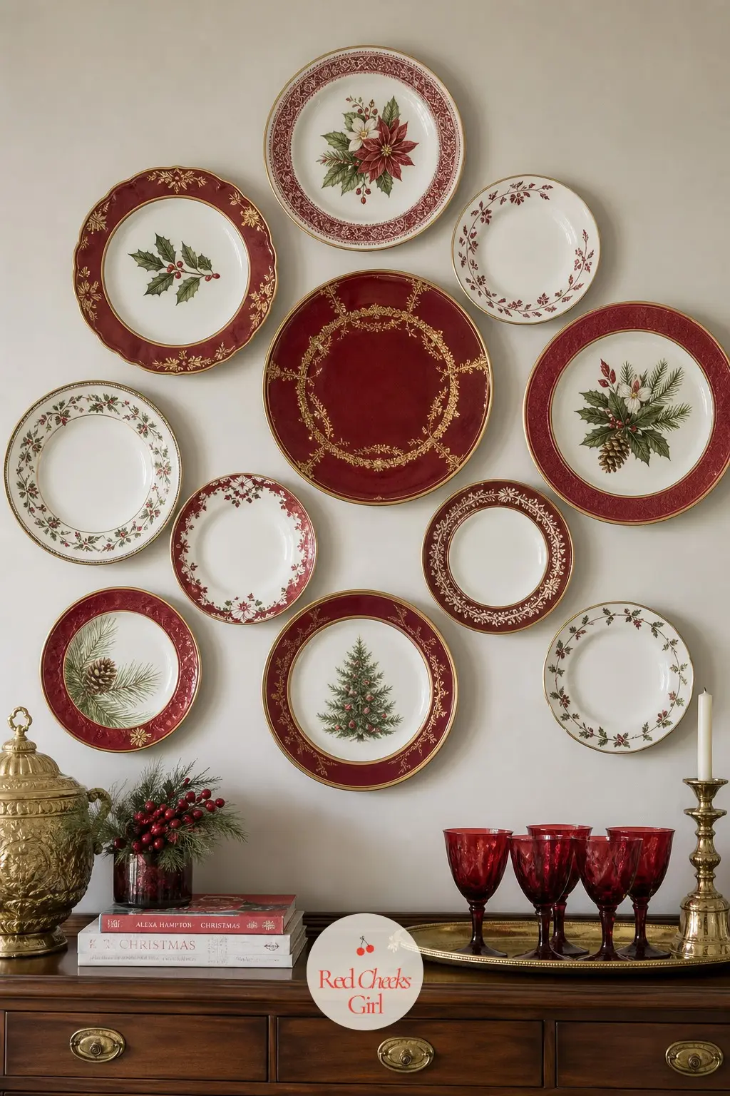 A Plate Wall of Painted Holiday China Arranged Above a Sideboard — Plate walls are having a real moment again, and holiday china makes a strong case for one.