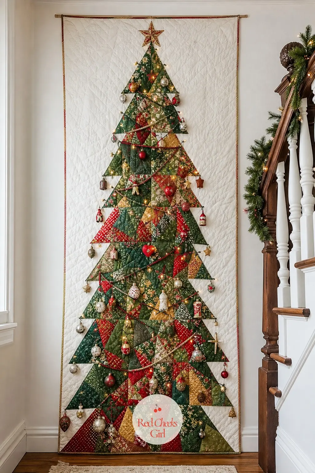 A Quilted Patchwork Tree Banner Hung Floor to Ceiling in a Stairwell — A stairwell wall is usually tall, narrow and stubbornly bare. Christmas wall decor