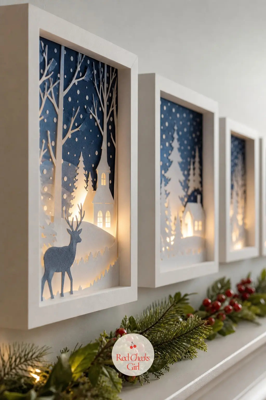 A Row of Shadow Box Frames Glowing With Cut-Paper Winter Scenes — Layered paper cutouts inside a deep shadow box frame catch light from behind and throw