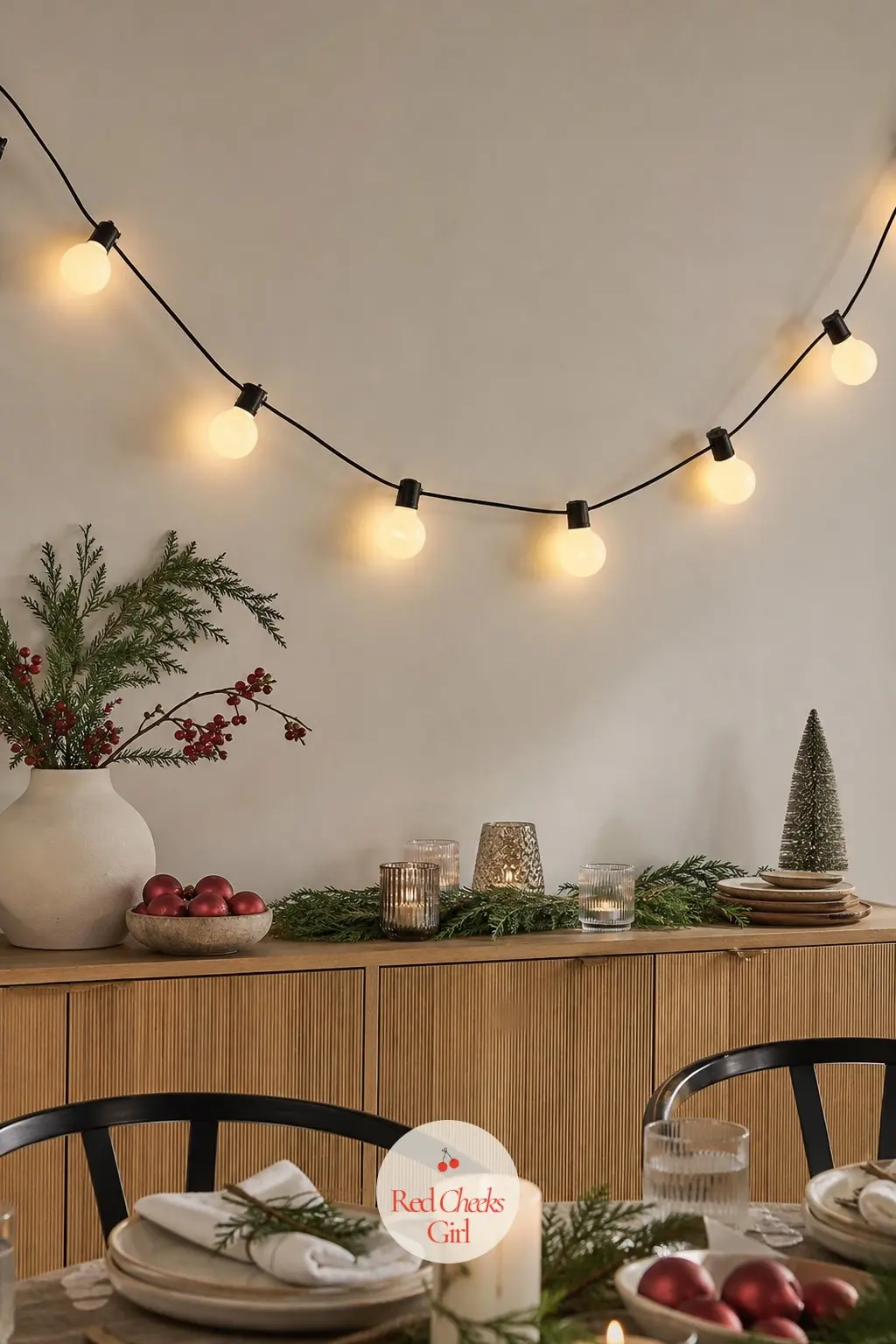 A Swag of Oversized Globe Lights Looped Across a Blank Dining Room Wall — Oversized globe bulbs usually live outdoors on a patio, but strung indoors on black