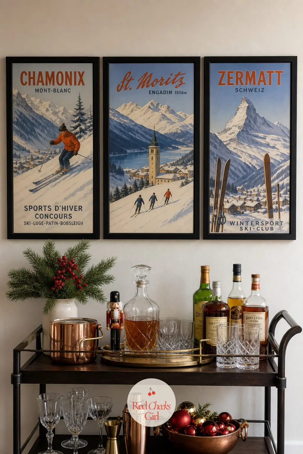 A Trio of Vintage Ski-Poster Prints Framed in Black Above a Bar Cart — Vintage ski posters bring winter without a single reindeer or snowflake in sight.