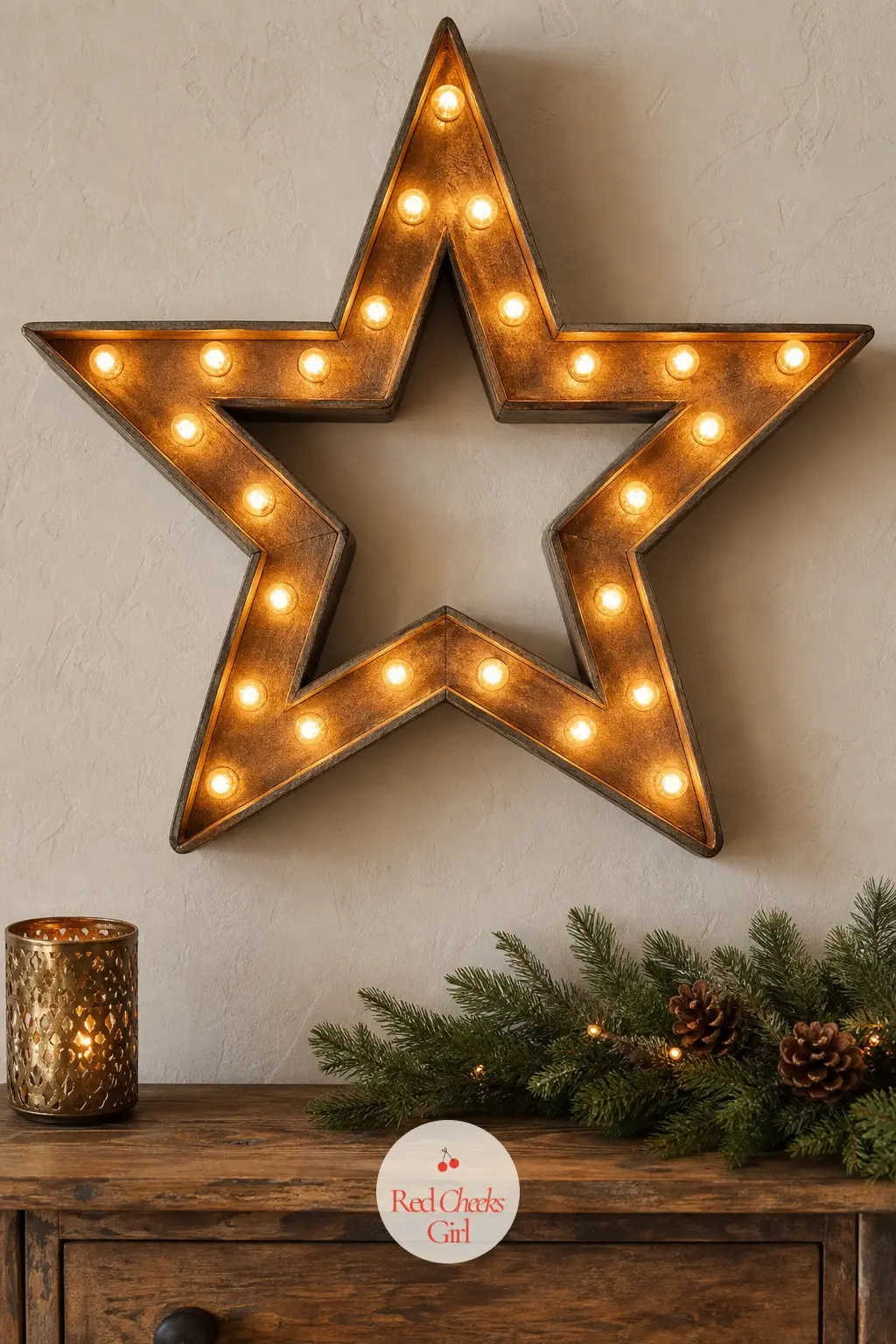 A Wall-Mounted Marquee Star Lit With Warm Bulbs Above a Console Table — A marquee star does the work of a chandelier at a fraction of the cost. Christmas wall