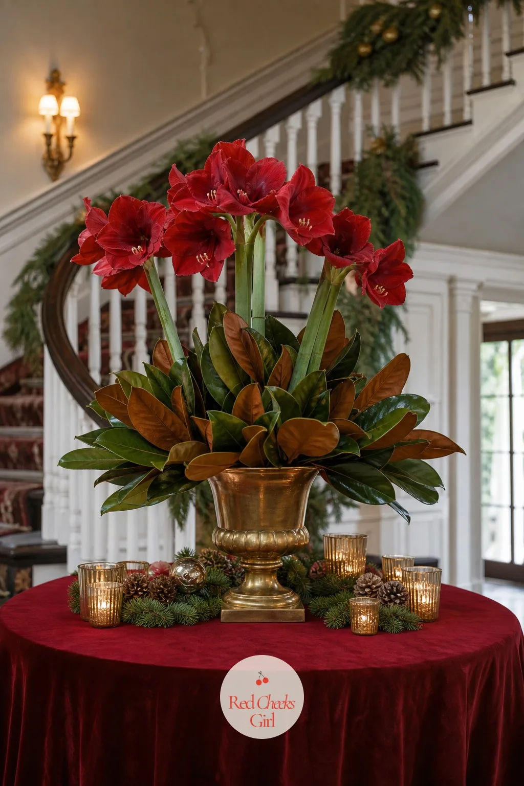 Amaryllis and Magnolia Leaf Centerpiece — A table that needs height, at the top of a staircase or in the middle of a wide dance floor, asks for a tall stem