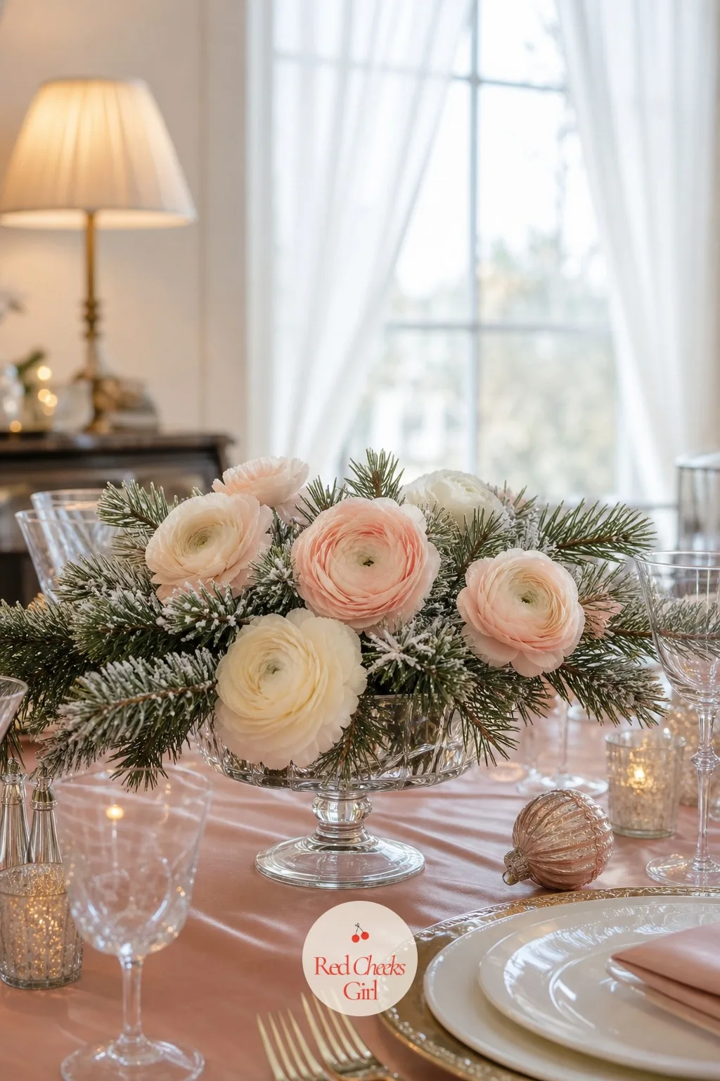Blush Ranunculus and Frosted Pine Arrangement — Not every Christmas wedding wants to go full red and gold, and blush ranunculus against frosted pine sprigs