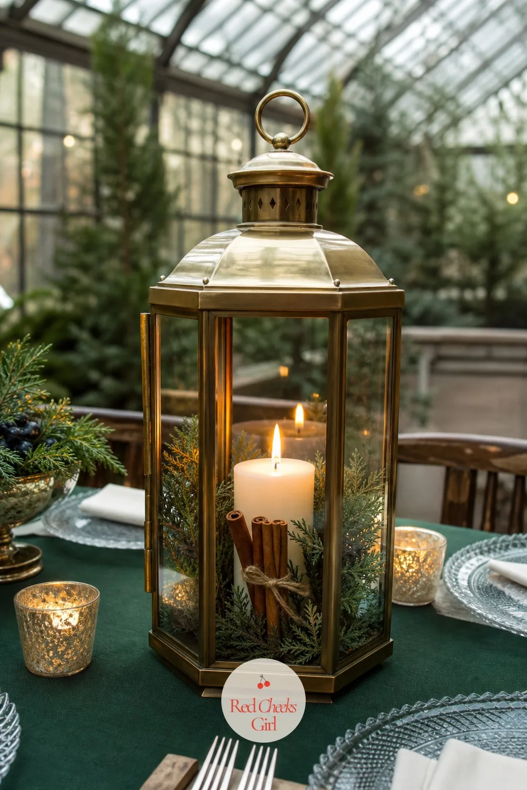 Brass Lanterns with Juniper and Cinnamon Sticks — A lantern does something a vase cannot, it survives being carried outside for photos and comes back in