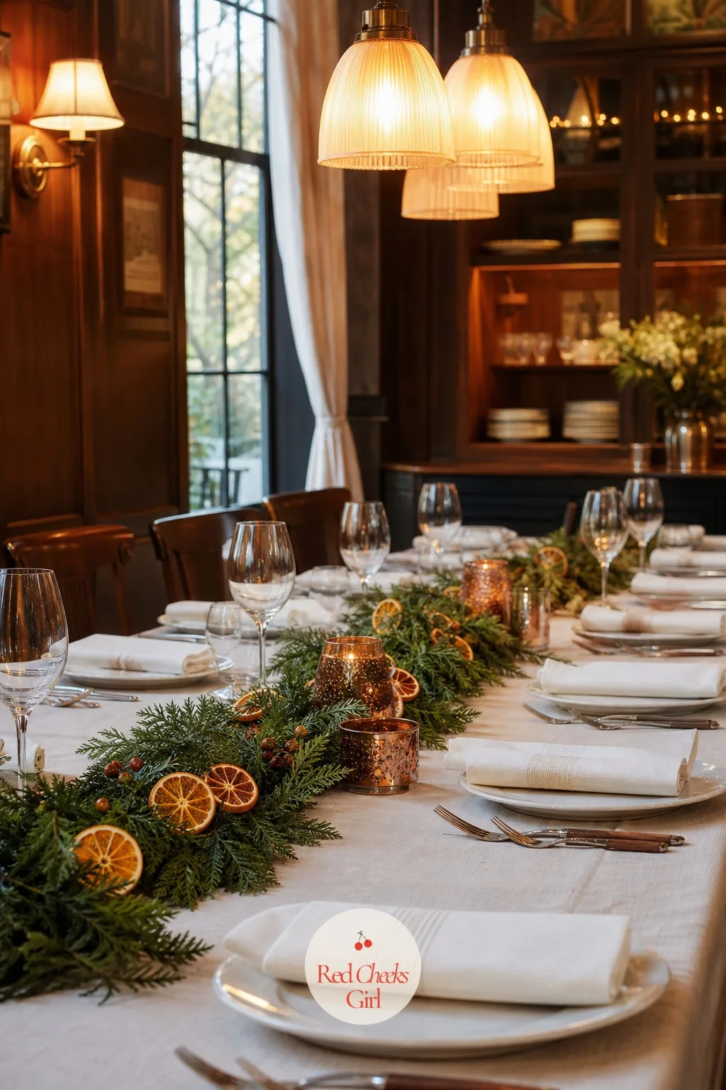 Cedar and Clementine Garland with Copper Candle Holders — Dried citrus gets talked about so often for wreaths that it is easy to forget it works flat on a