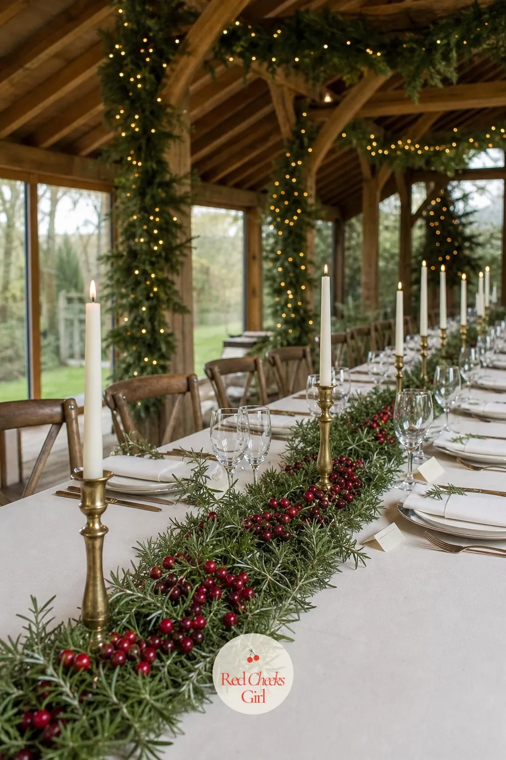Cranberry and Rosemary Garland Runner with Taper Candles — A table runner you can smell before you can see it does something flowers never quite manage.