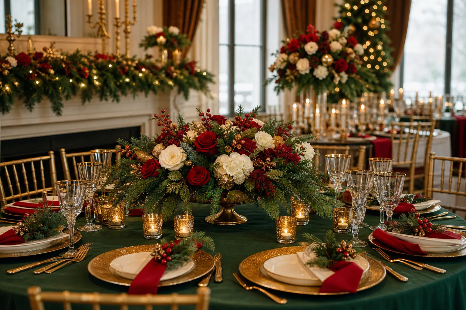 20 Christmas Wedding Centerpieces in Evergreen, Red and Gold