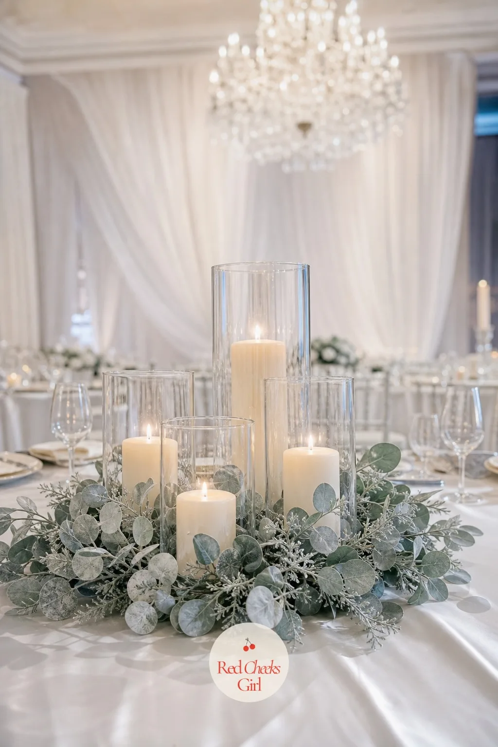 Frosted Eucalyptus and Ivory Pillar Candles in Hurricane Glass — A reception that wants to feel like the first snow rather than a Christmas market reaches for