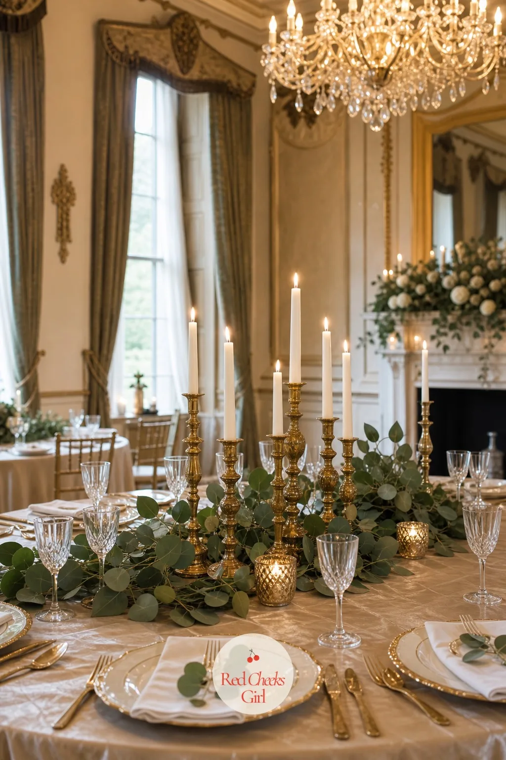 Gold Candlesticks with Greenery — Mismatched candlesticks sound like a packing mistake until they stand together at different heights down one table, all