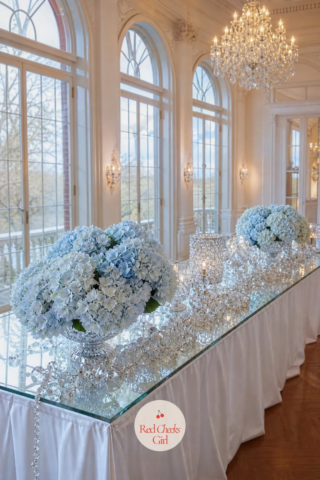 Ice-Blue Hydrangea with Crystal Garland Runner — Red and gold are not the only way into Christmas, and a table in ice blue with a draped crystal garland