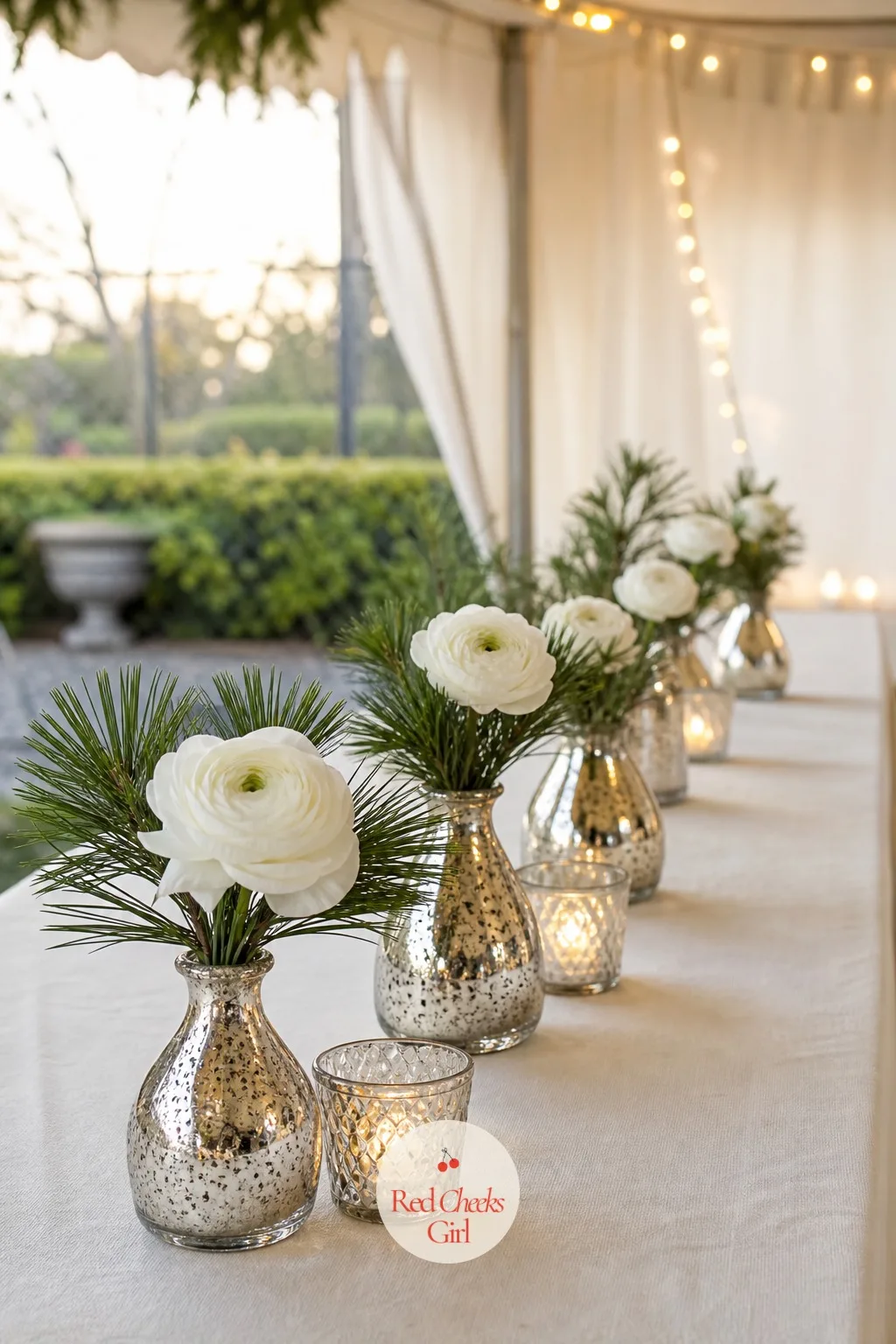 Mercury Glass Bud Vases with White Ranunculus and Pine Sprigs — Narrow tables, the kind in a small restaurant's private room or a tight garden marquee, cannot