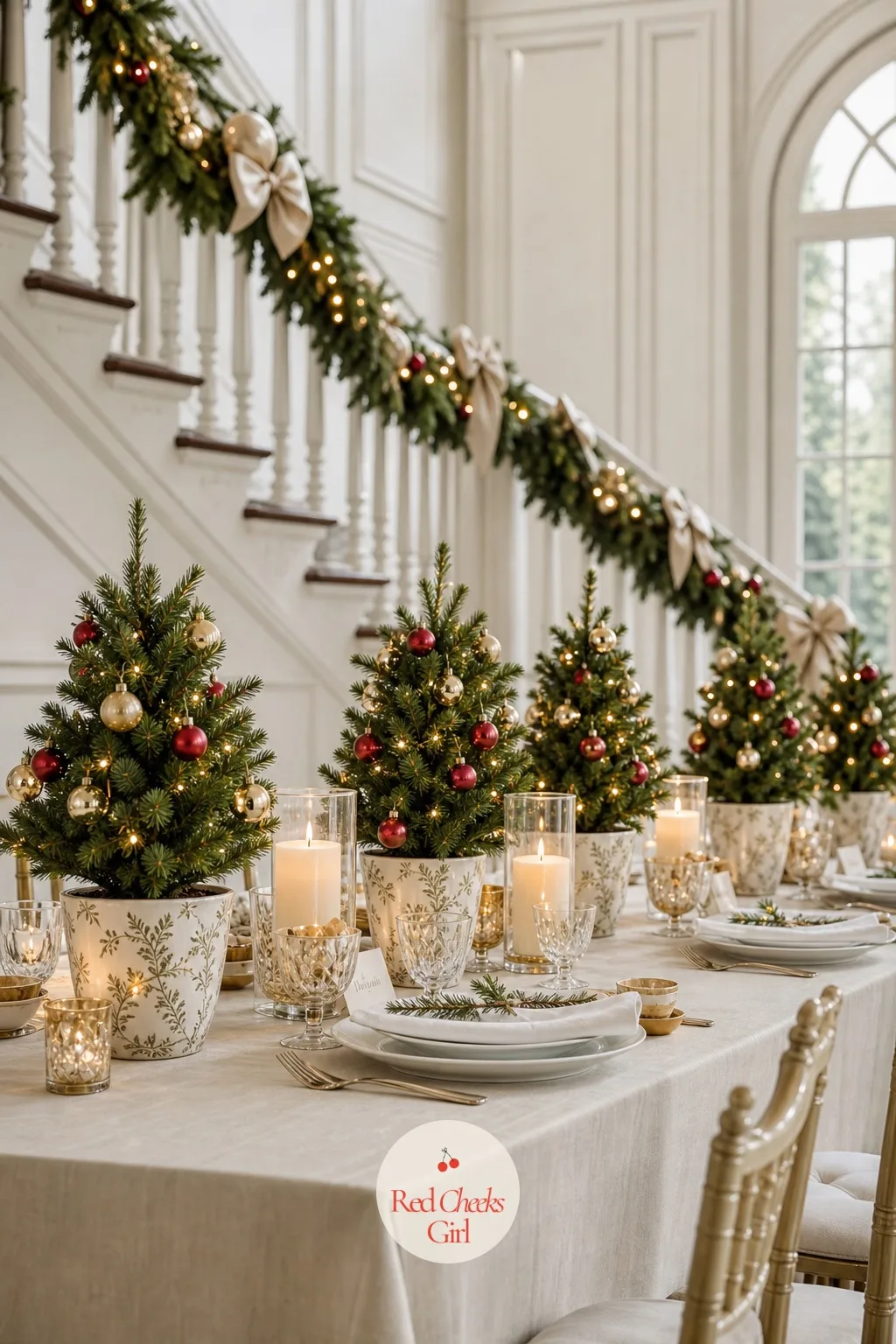Mini Christmas Trees — One tabletop tree per table turns a reception into a small forest without anyone having to explain the theme. Christmas wedding