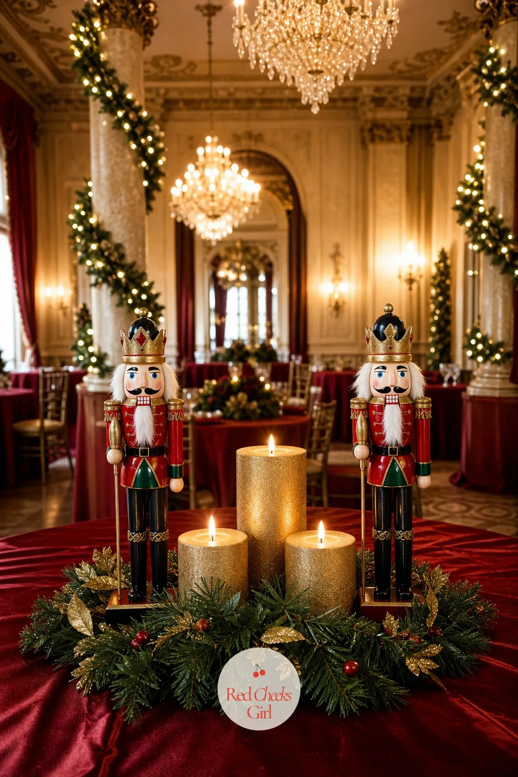 Nutcracker Figures and Gold Pillar Candles — A pair of small nutcracker figures standing either side of a cluster of gold pillar candles brings a note of the
