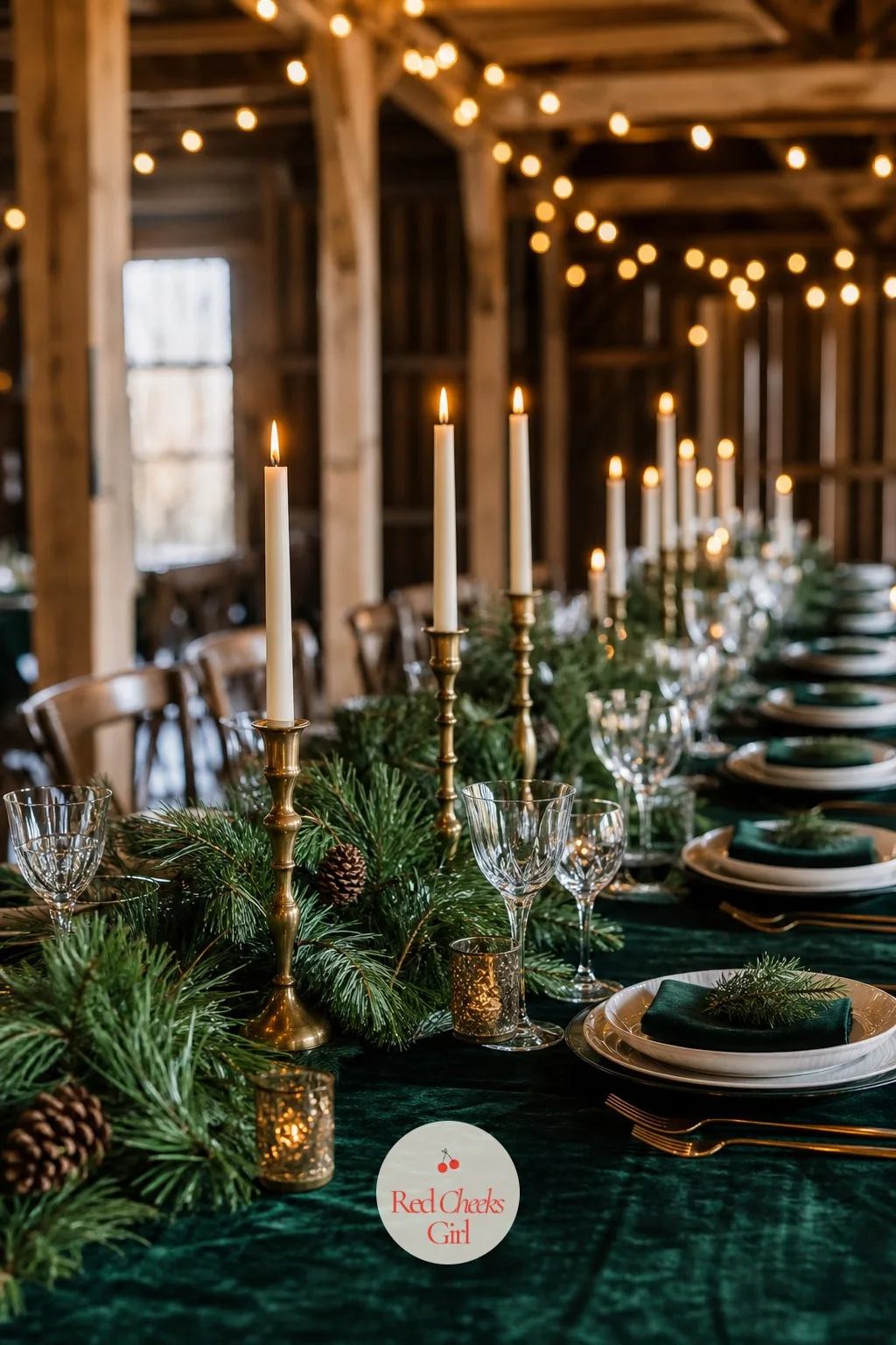 Pine and Candles — A table with nothing on it but white china looks like it is waiting for something. Christmas wedding centerpieces