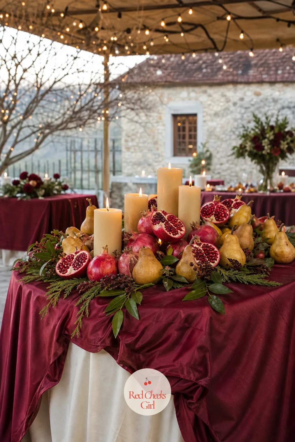 Pomegranates and Pears with Candles — A table that leans on fruit instead of flowers looks like it belongs to a harvest supper that happens to fall in