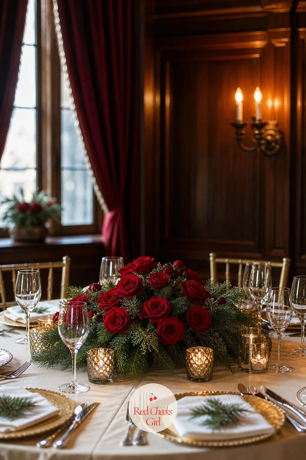 Red Roses with Evergreen — Say roses to a December bride and she pictures a summer bouquet, not a reception table. Christmas wedding centerpieces
