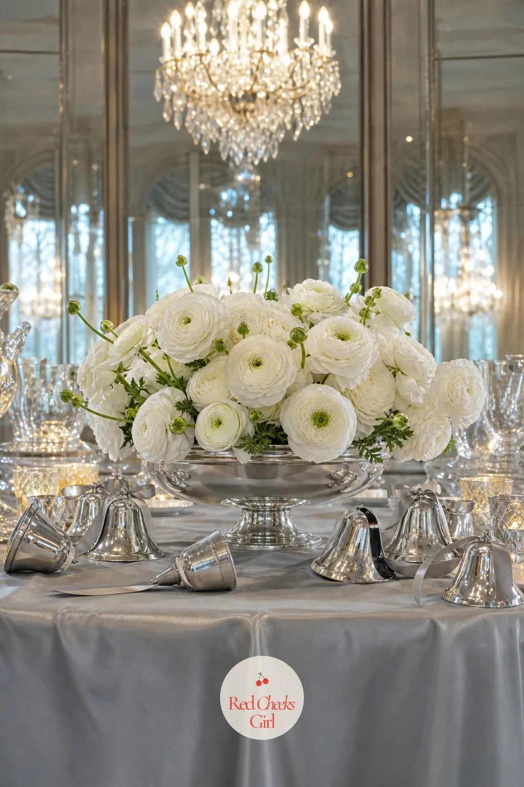 Silver Bells with White Flowers — Bells on a reception table can tip into novelty fast, which is exactly why these are not a cluster tied on with cord.