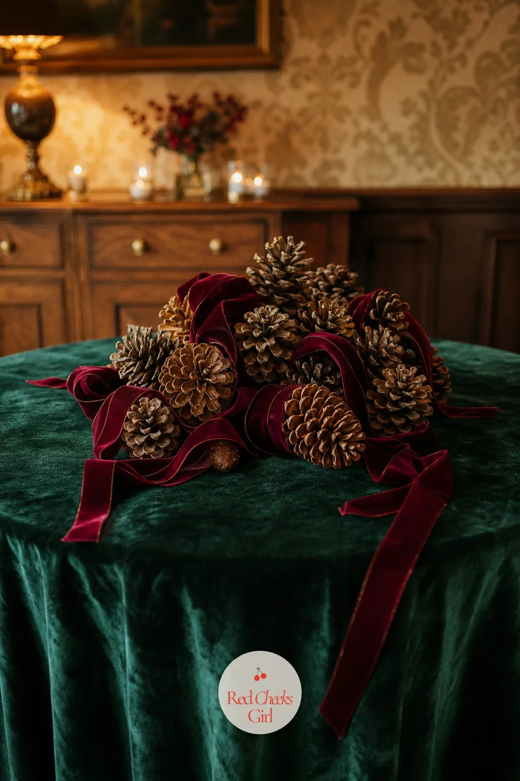 Velvet Ribbon and Pine Cones — Pine cones alone look like something gathered on a walk and forgotten on the table. Christmas wedding centerpieces