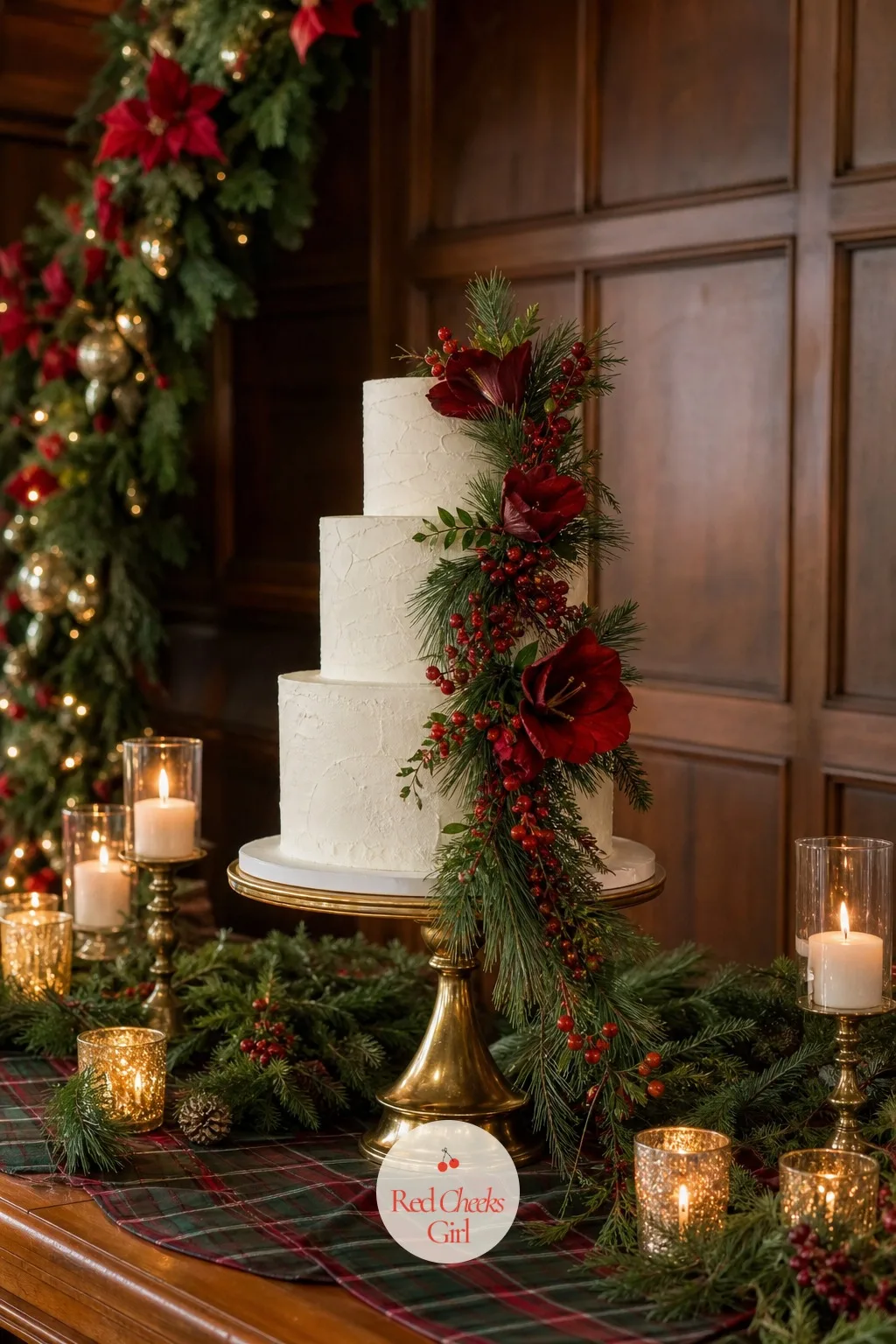 Christmas Wedding Cake with Fresh Greenery — The cake is the one dessert that still needs to look like a wedding cake rather than a holiday centerpiece, so