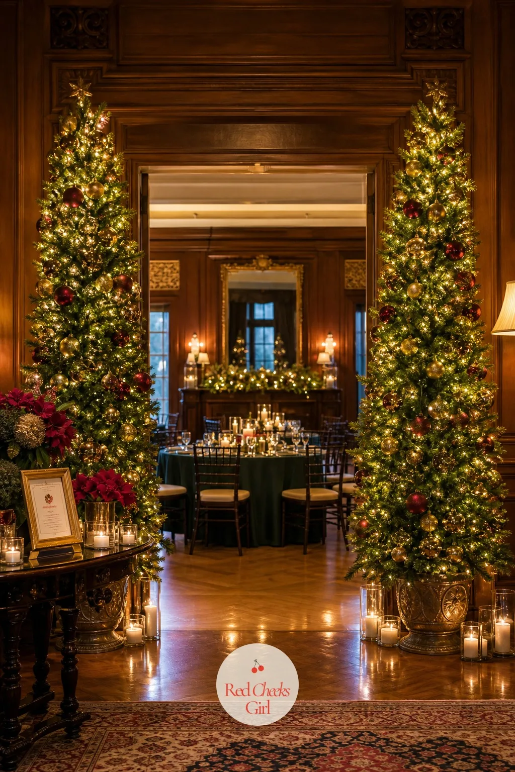 Decorated Christmas Trees Through the Reception Room — A reception room with one lonely tree in the corner looks like an office lobby in December, not a