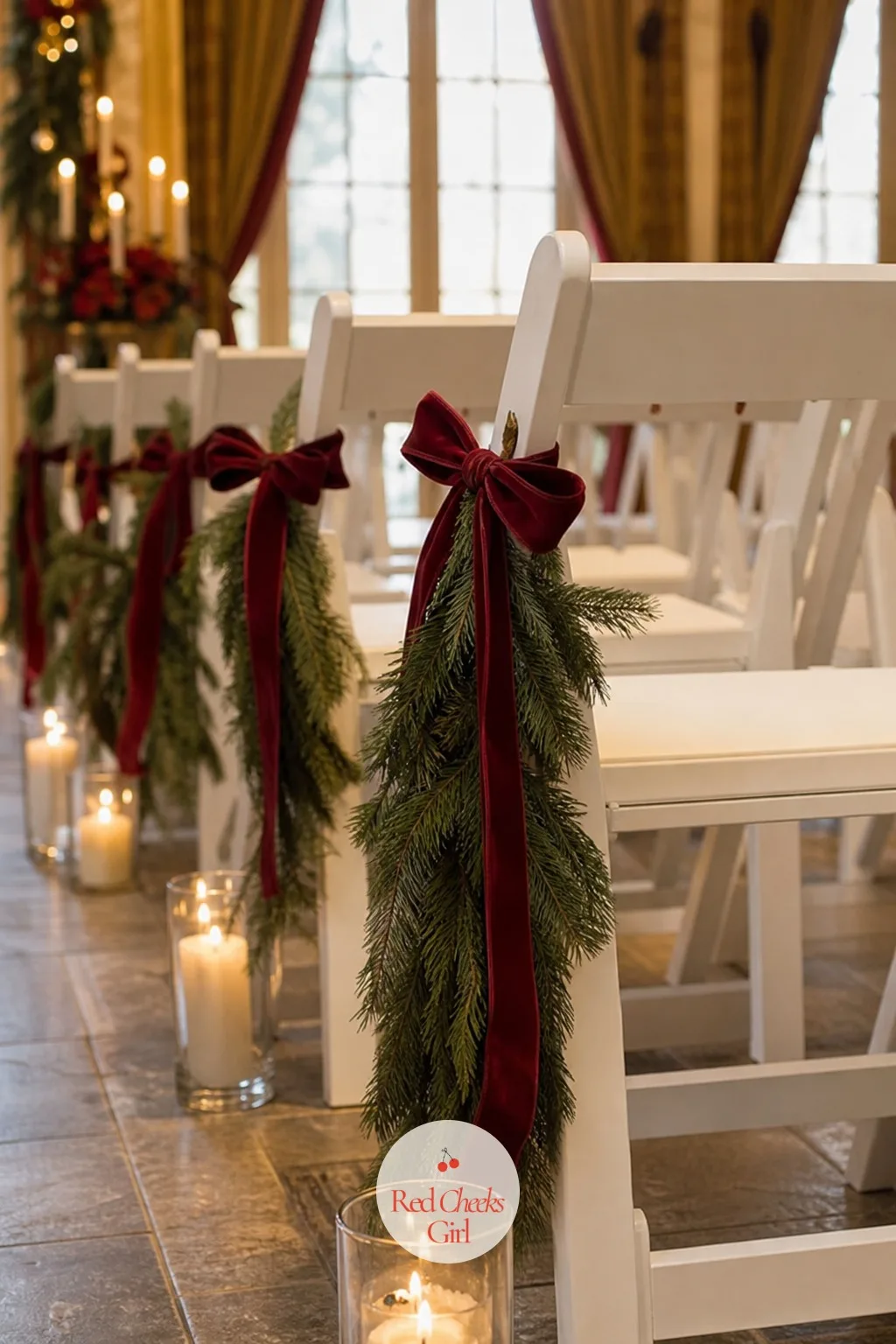 Garland-Draped Ceremony Seating — Bare chairs at the end of an aisle look unfinished no matter how good the arch is. Christmas wedding ideas