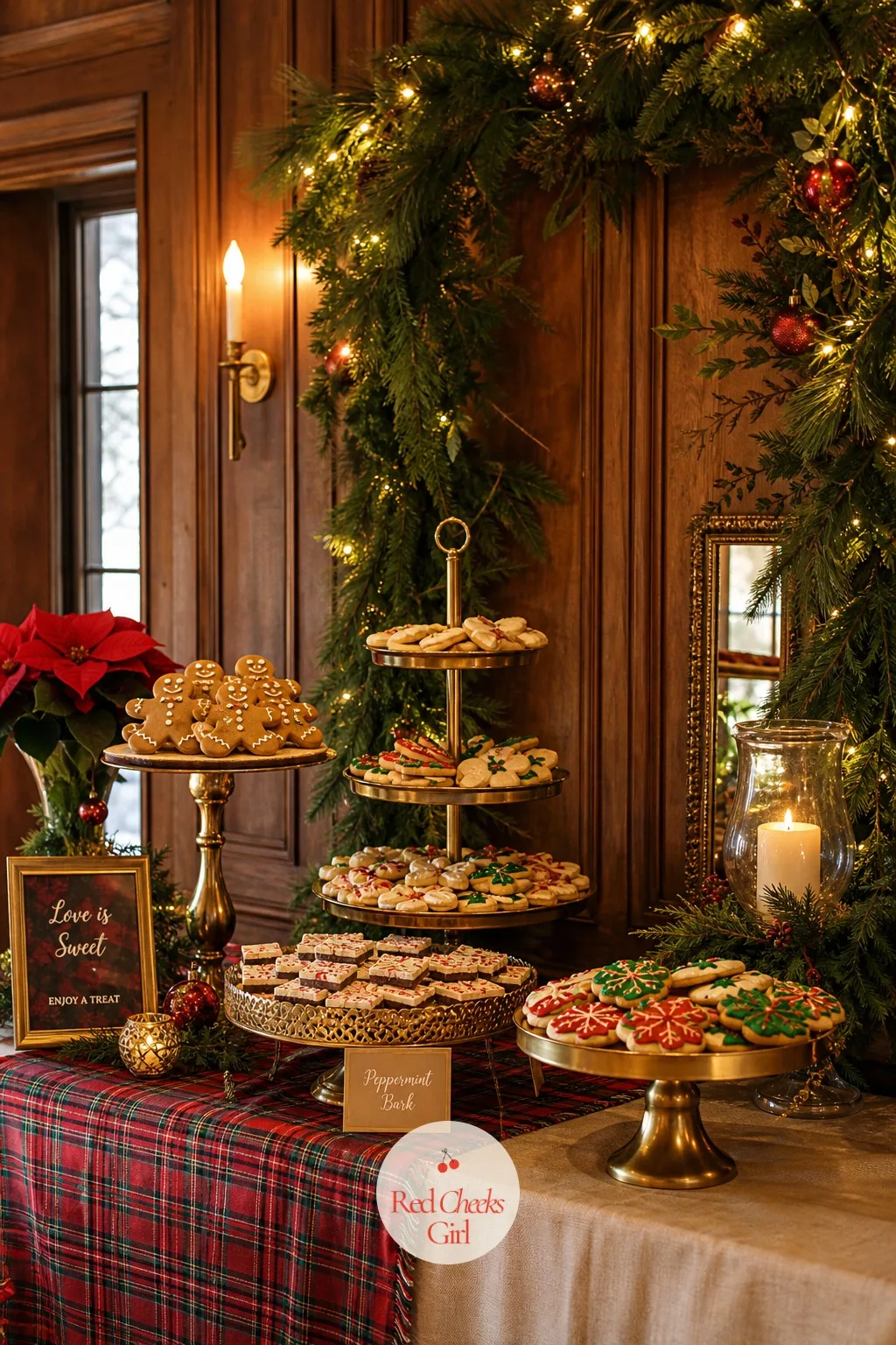Gingerbread and Cookie Dessert Table — A single cake can feel sparse for a room this dressed, so a cookie table gives guests something to graze on all night.