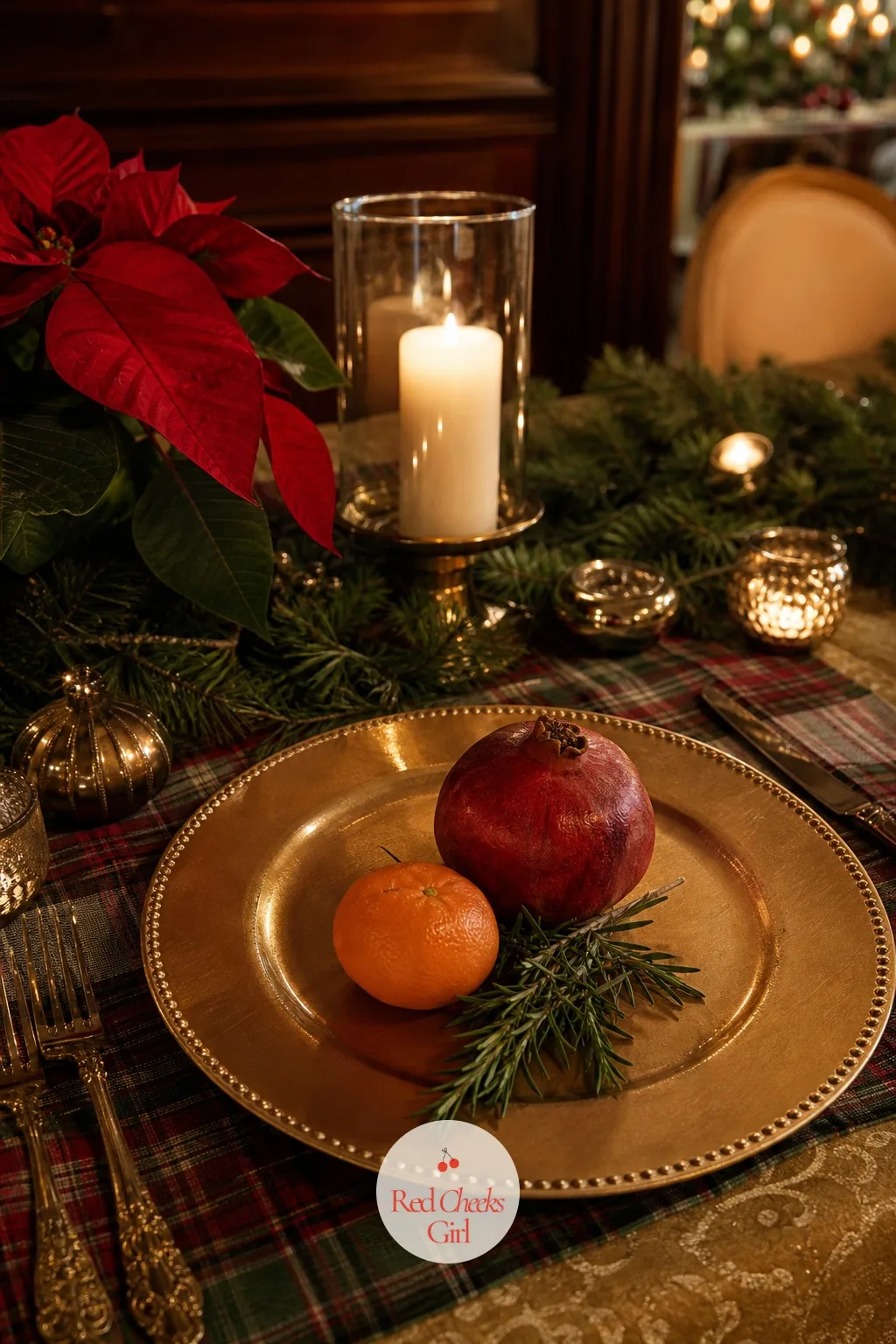 Gold Chargers Piled with Winter Fruit — An empty charger at each place setting is a missed chance to put the palette right under a guest's hands before the