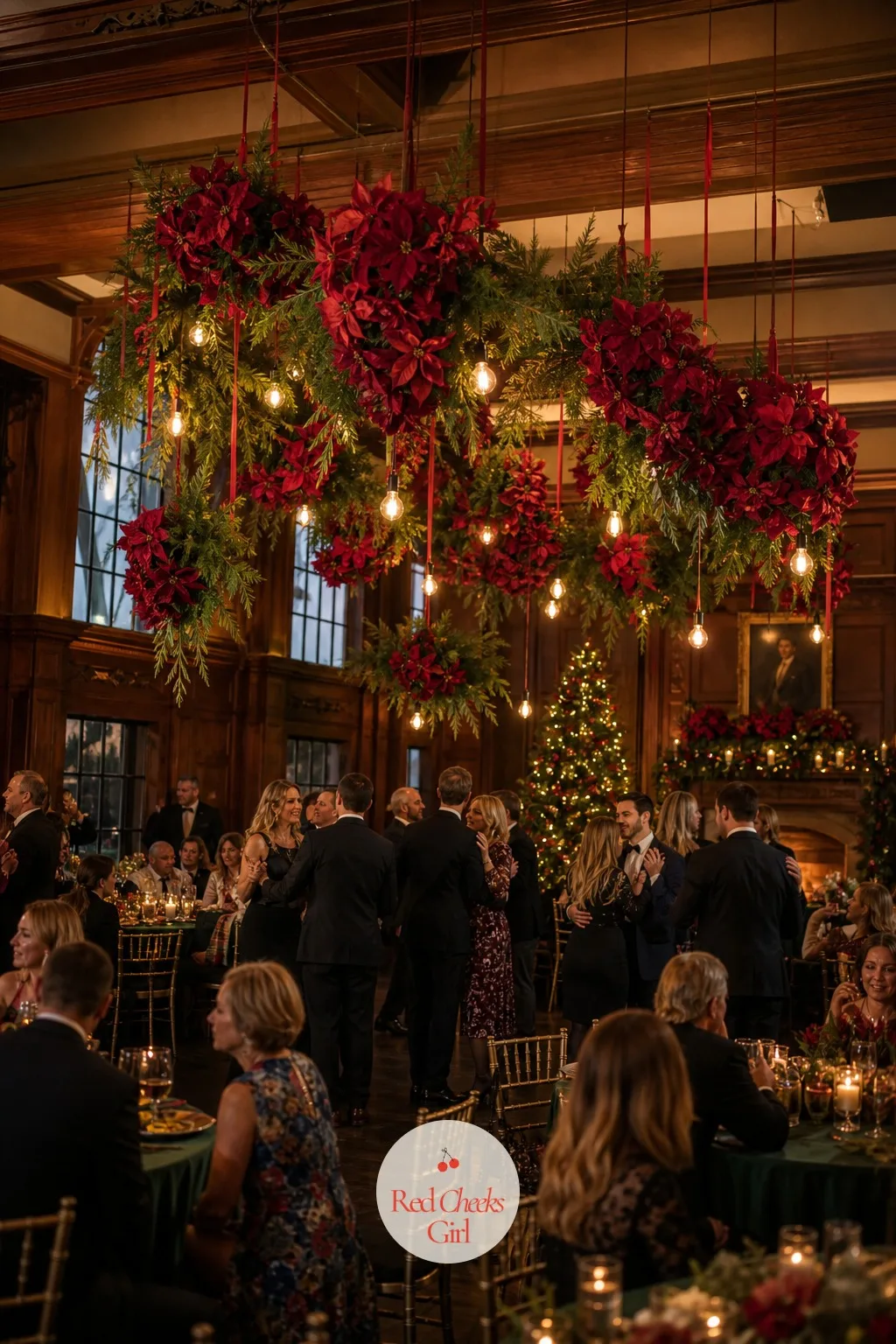 Hanging Poinsettia Installation Over the Dance Floor — She wants one moment in the room that makes guests stop and look up, and a flat ceiling over the dance