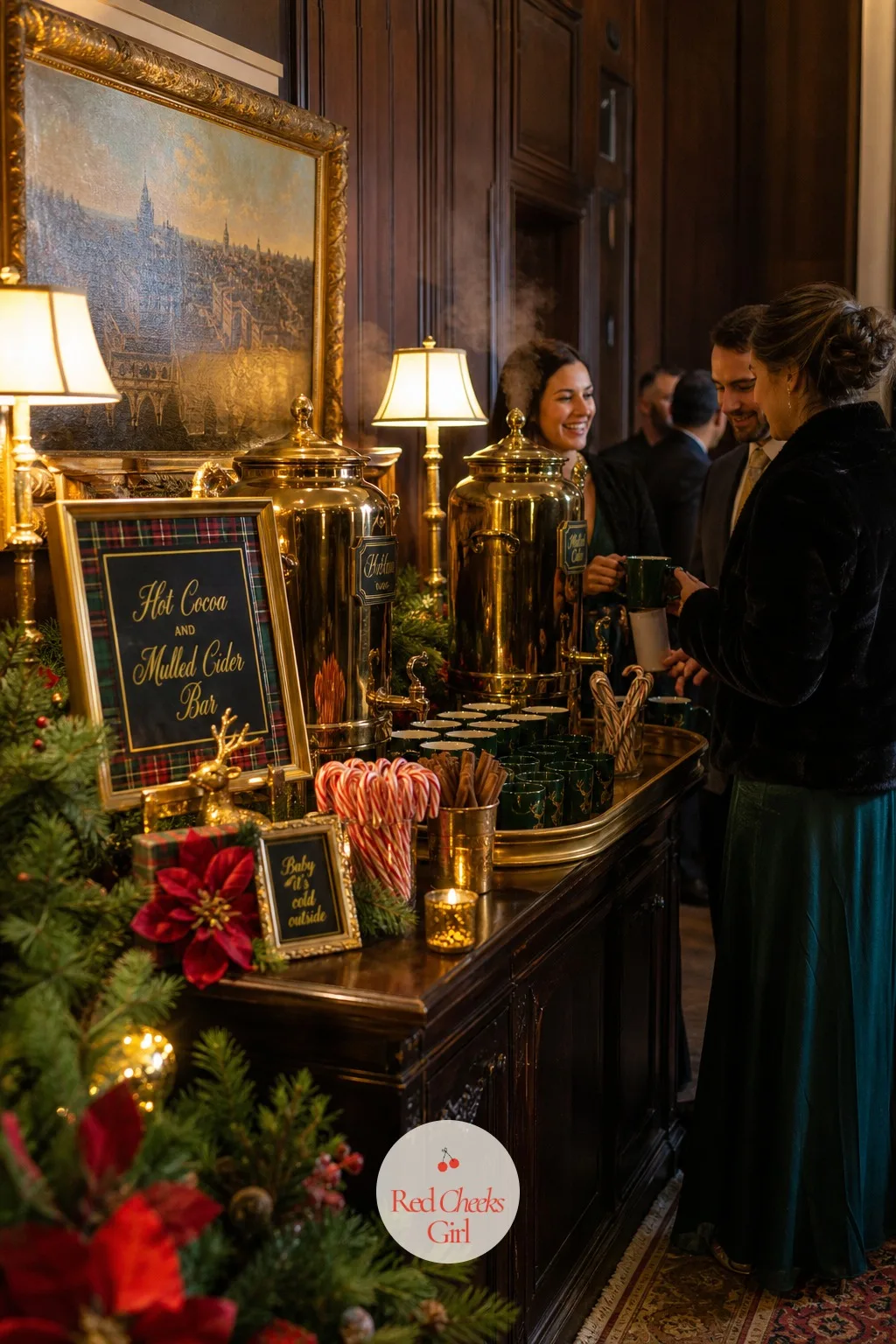 Hot Cocoa and Mulled Cider Bar — Cocktail hour in December needs something warm in a guest's hands within minutes of walking in from the cold, and this station