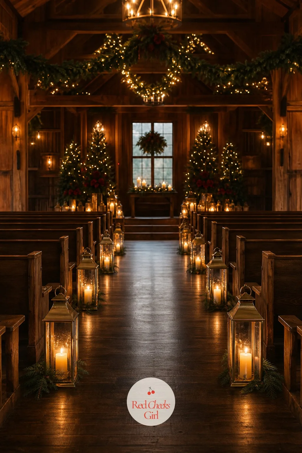 Lantern-Lined Aisle — An empty aisle photographs flat, however good the arch looks waiting at the end of it. Christmas wedding ideas