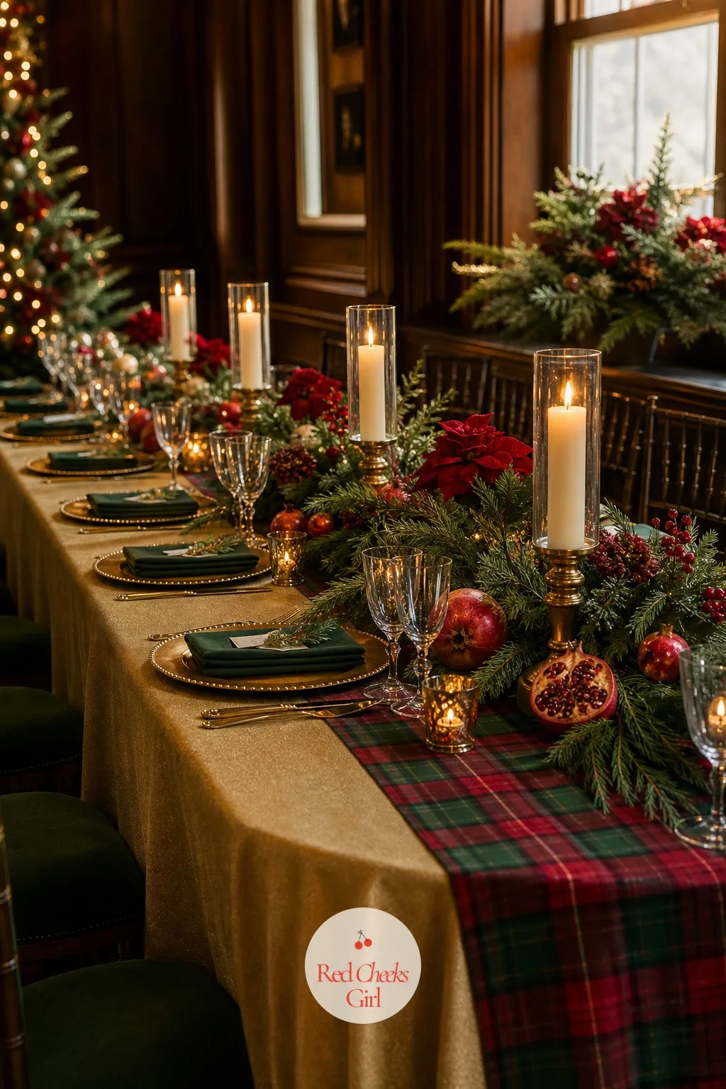 Long Tables Dressed in Plaid Table Runners — A bare white cloth under all that gold and greenery reads cold no matter how good the centerpieces are. Christmas