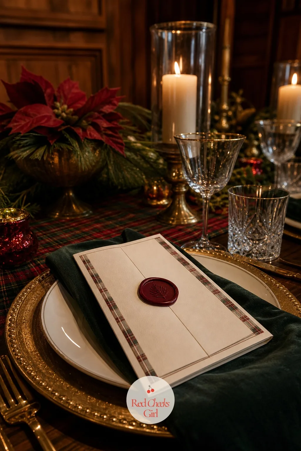Menu Cards Sealed with Wax — A printed menu propped against a water glass looks thin next to everything else on this table, and a wax seal is the cheapest way