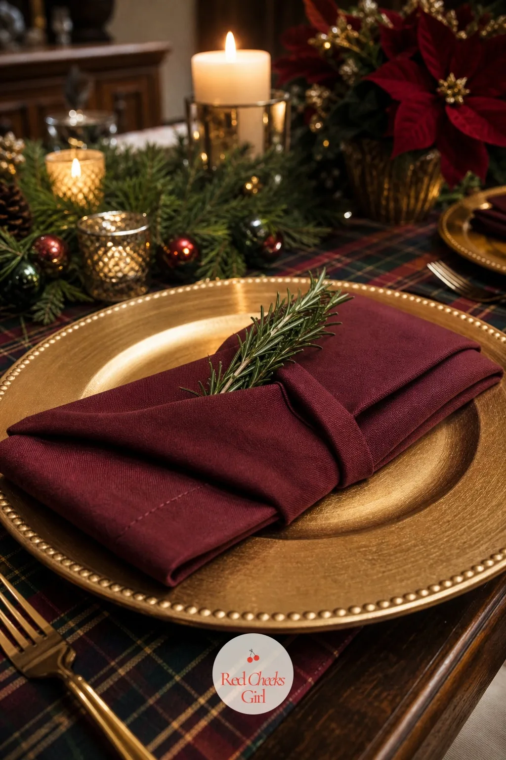 Merlot Napkins Folded with a Sprig of Rosemary — The napkin sits closer to a guest than almost anything else on the table, so it carries the palette at its