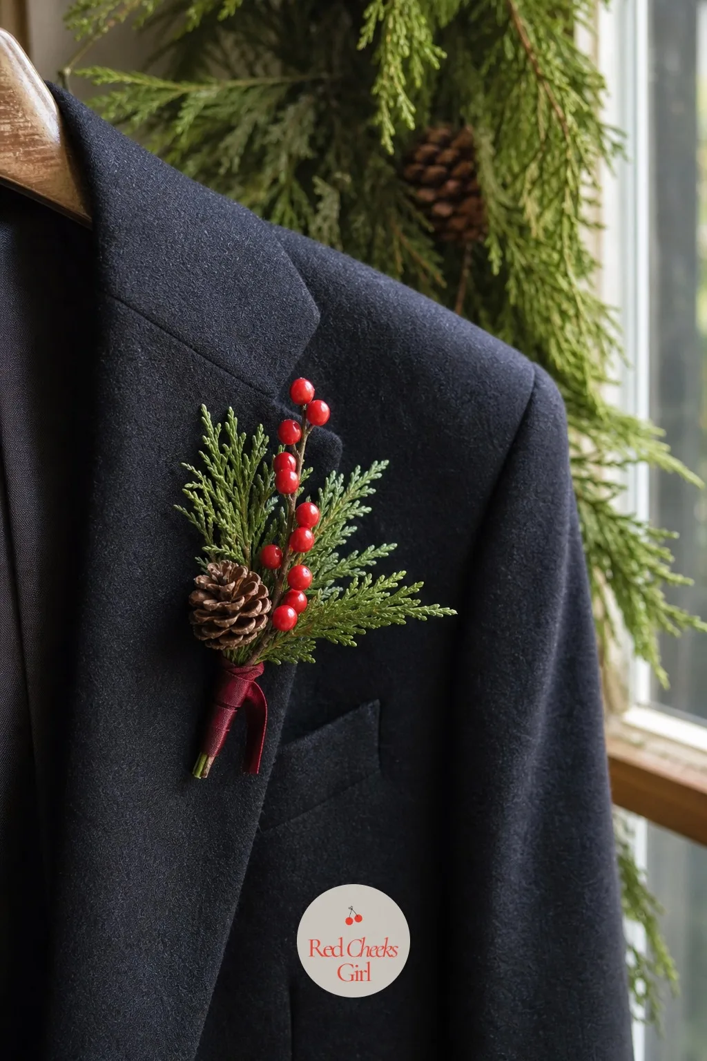 Pine and Amaryllis Boutonnieres — The groom and his party need something on the lapel that matches the arch without looking like a corsage from a school dance.