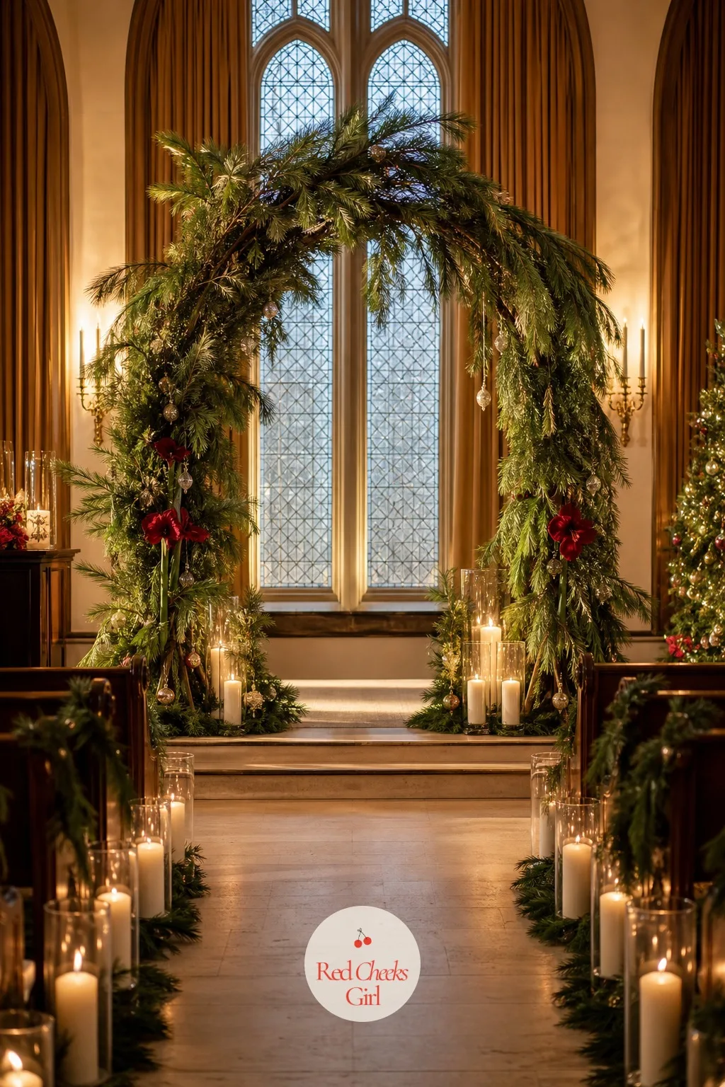 Pine Branch Ceremony Arch with Candlelight — She would worry an arch reads as overdone before she has even said a word. Christmas wedding ideas