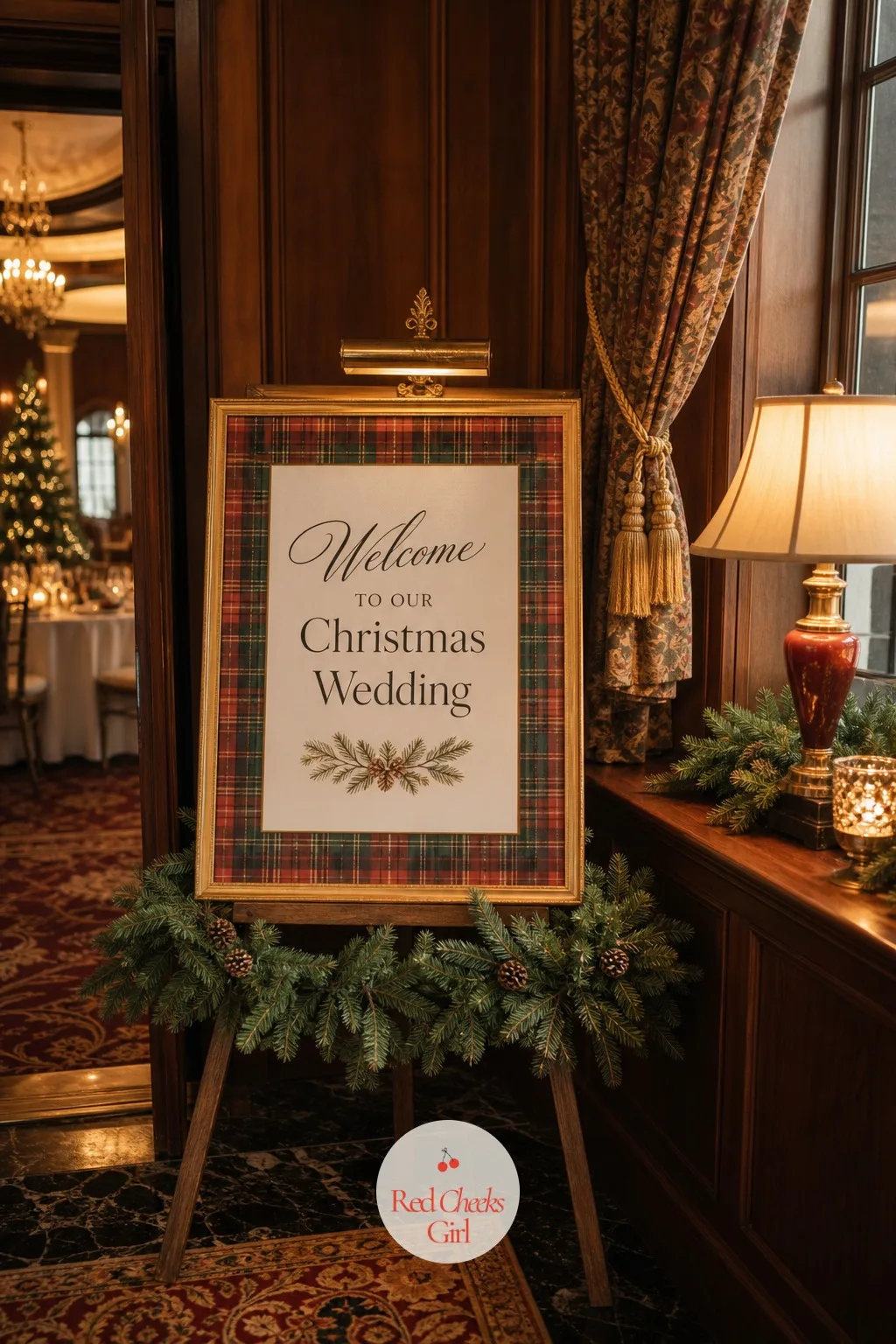 A Plaid Welcome Sign at the Reception Entrance — Guests need to know they have walked into the right room before they even see a seating chart, and a sign