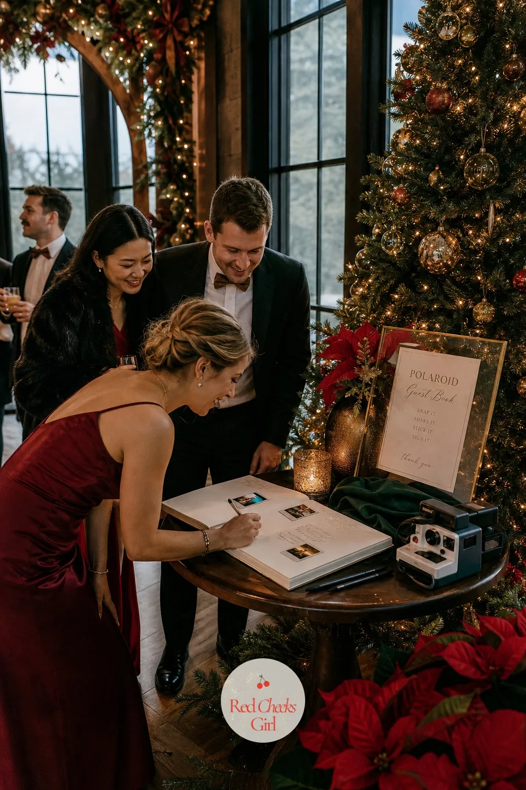 A Polaroid Guest Book by the Tree — A blank book on a stand gets three signatures and a lot of blank pages, but a camera next to a decorated tree gets guests