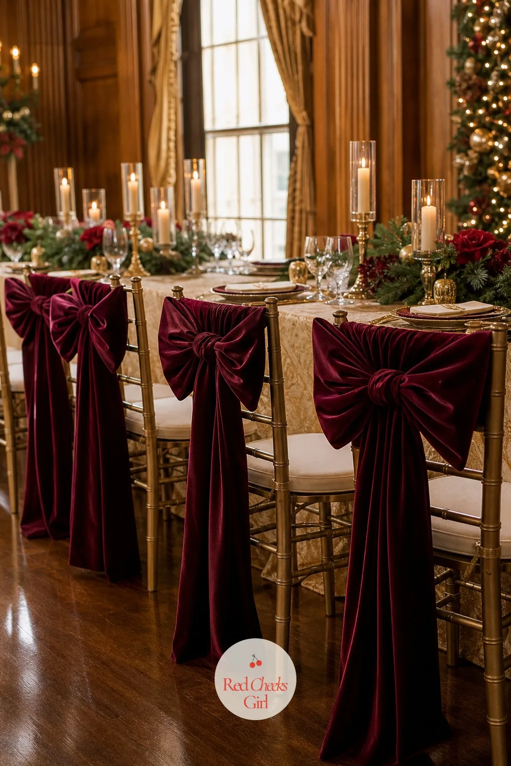 Velvet Bows Tied on Every Chair Back — Round tables full of plain folding chairs can swallow even a well-decorated room, and this is the fix that costs almost