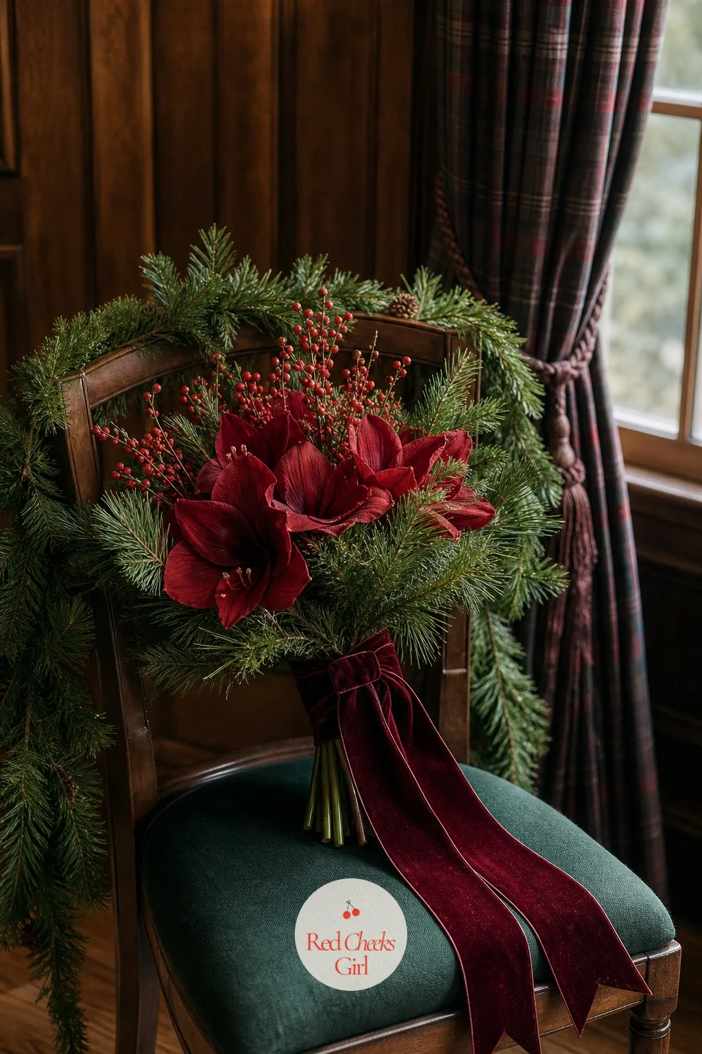 Velvet Ribbon Bouquet Wraps — A bouquet of winter greenery and amaryllis still needs something at the stem to finish it, and twine reads rustic in a way this