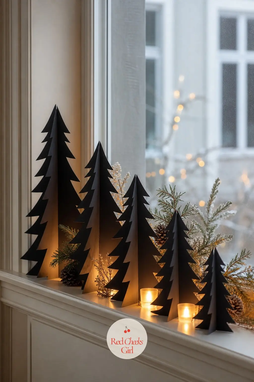 Black Paper Tree Silhouettes Stepped in Height Across a Low Window — A row of cut black paper trees, each a slightly different height, suggests a treeline