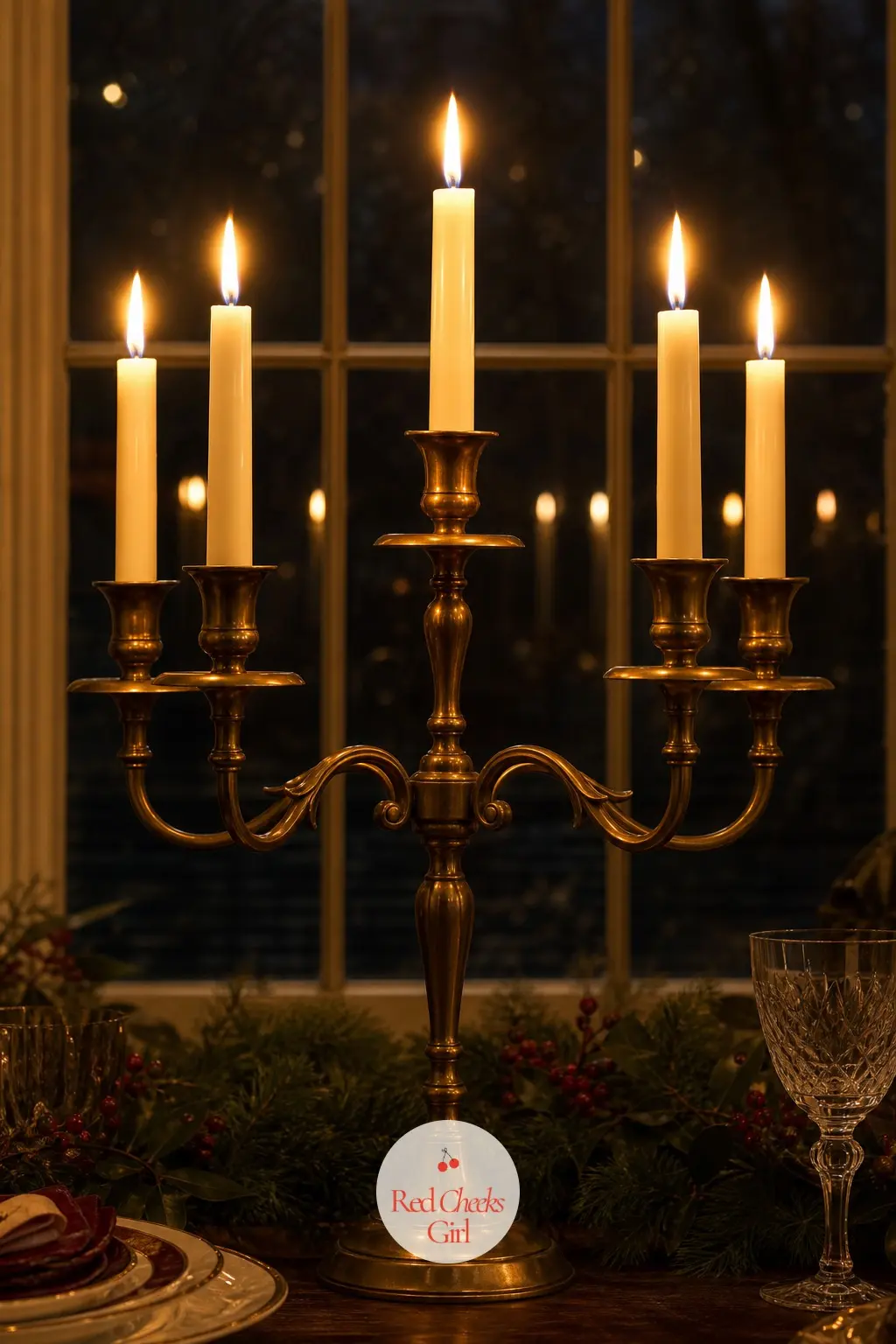 A Brass Candelabra Silhouette Lit Against a Darkened Dining Room Window — Turn the room lamps off and let one tall candelabra do the work: lit from within, it