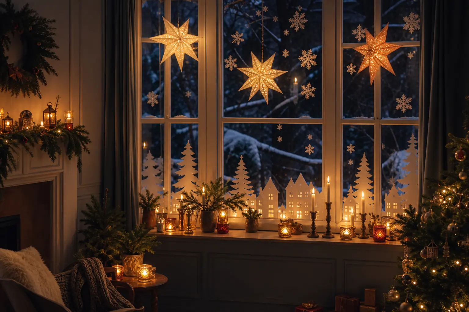 18 Christmas Window Decorations With Candlelight, Paper Stars and Snowy Silhouettes