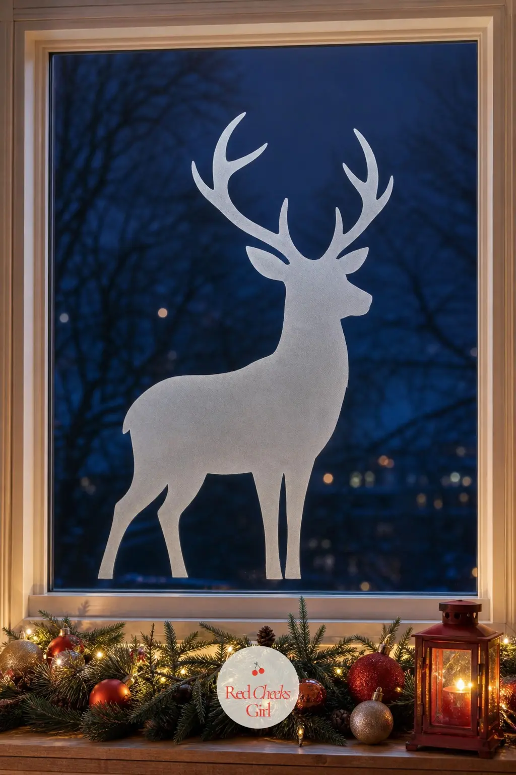 A Frosted Stag Silhouette Scene Centered on a Picture Window — A single frosted stag motif, centred and left alone, reads as considered rather than busy.