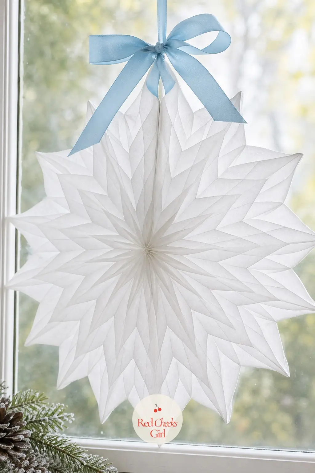 A Honeycomb Paper Star Fan Mounted Flat Against the Pane — A honeycomb tissue star opens flat and sits directly against the glass rather than hanging in front