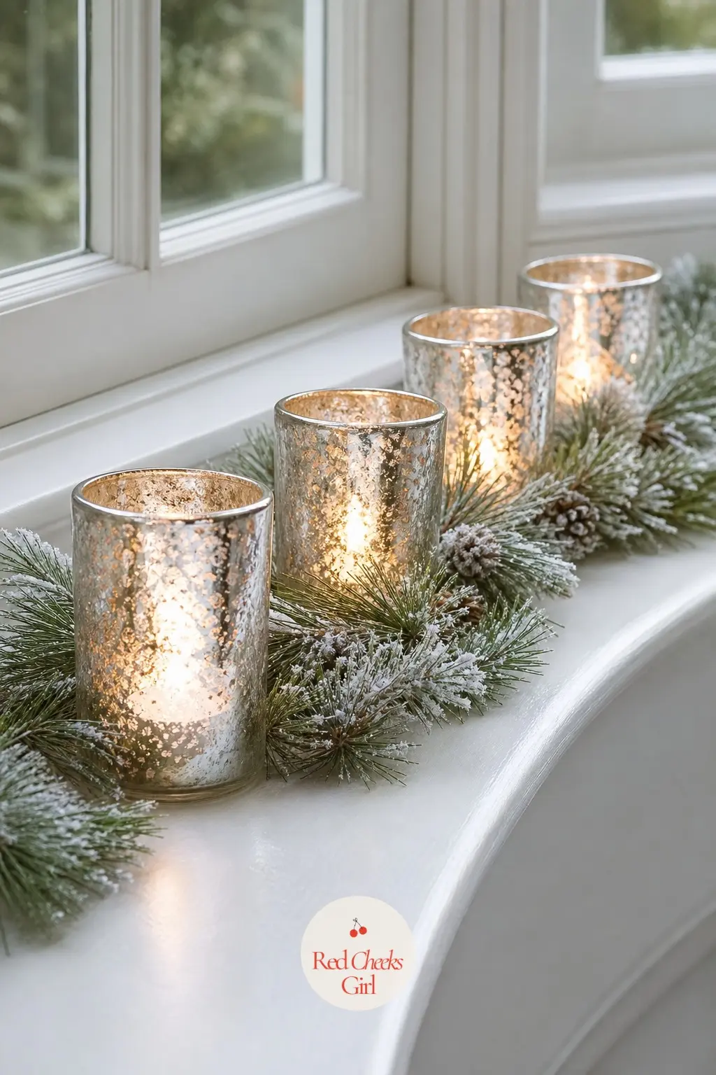 Mercury Glass Votives Lined Up on a Bay Window Ledge — A bay window ledge is the one spot in the house built for lining things up. Christmas window decorations