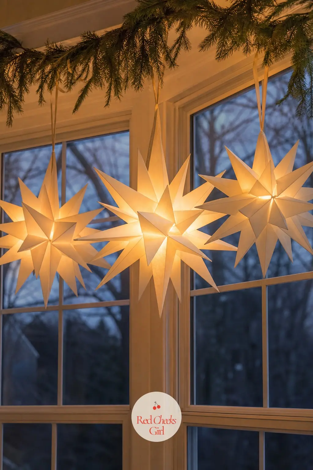 Moravian-Style Paper Stars Hung in a Loose Row Across a Bay Window — The many-pointed Moravian star has real presence even in paper form, and a loose row of