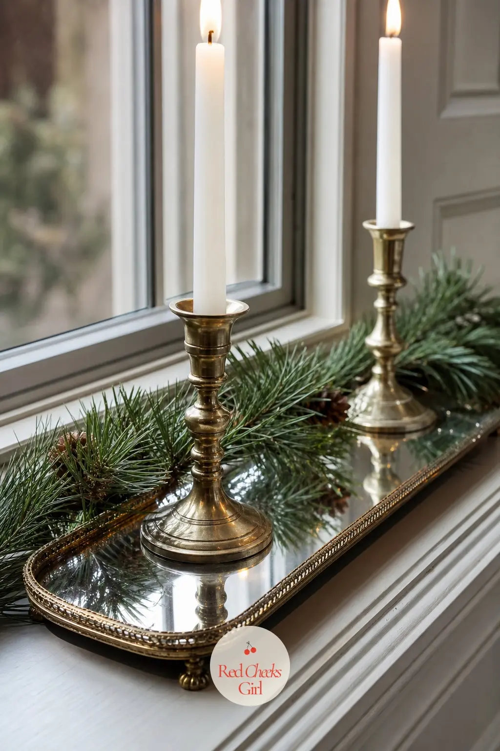 A Narrow Mirror Tray on the Sill Doubling the Candle Glow — Slide a narrow antique mirror tray under any of the candle arrangements above and the light doubles