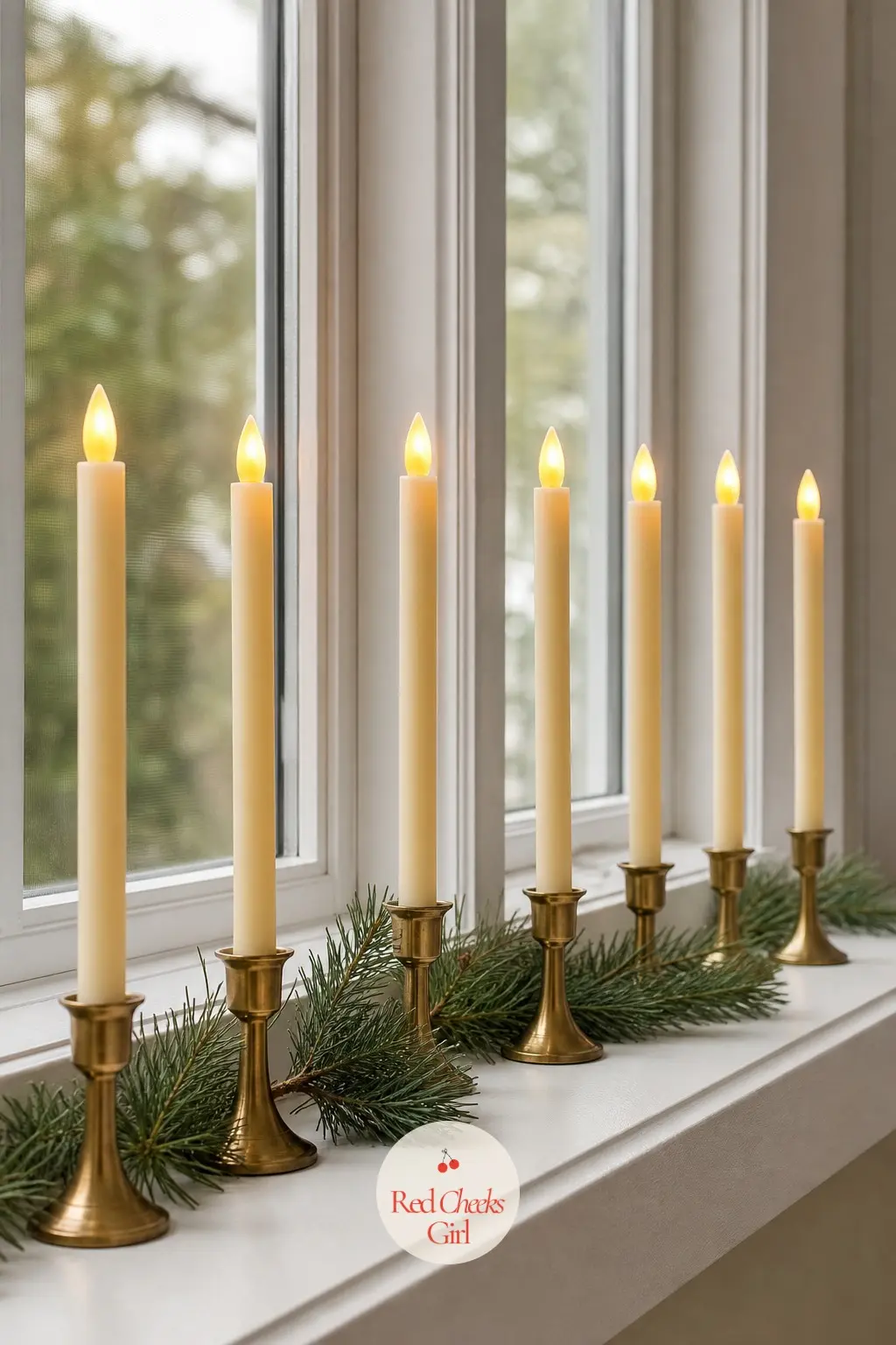 A Row of Flameless Taper Candles Lit Along a Deep Windowsill — Six is the right number for a standard window: enough to read as a row from the street, not so