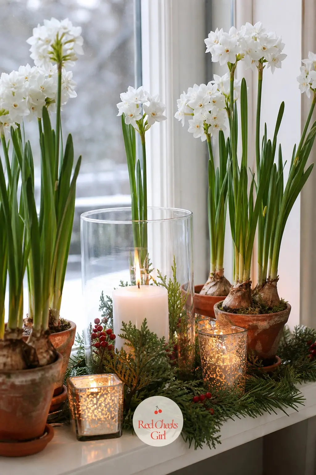 A Row of Small Potted Paperwhites Flanking the Window Candles — Paperwhites planted a few weeks ahead bloom white and fragrant right through the season, and a